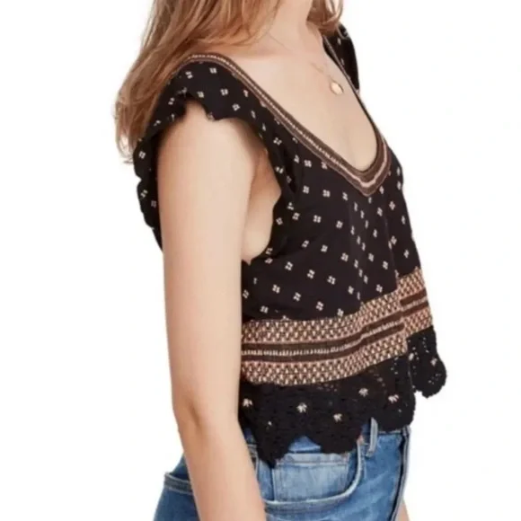 Free People Santorini Tank Top Crochet Trim Embroidered Smocked Back Size L EUC - Picture 13 of 14